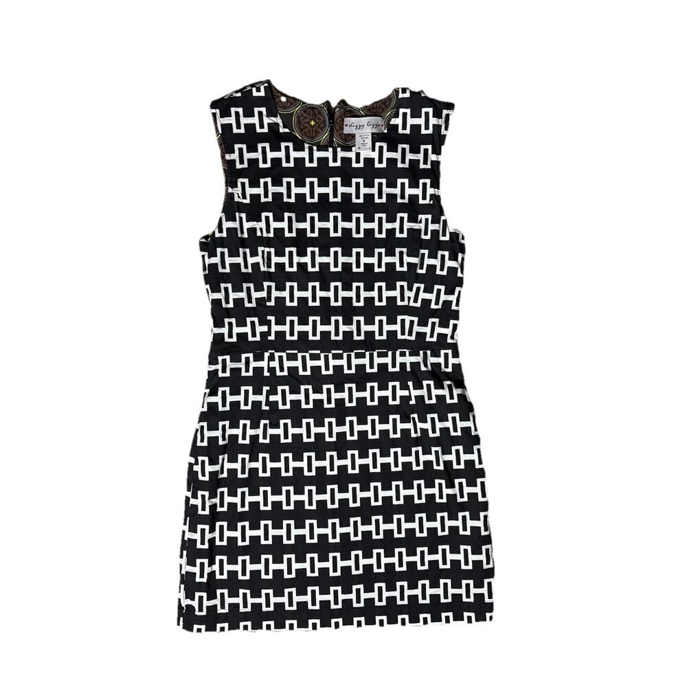 Dizzy Lizzie Geo Print Dress Size Medium Black White Cotton Short Sleeveless